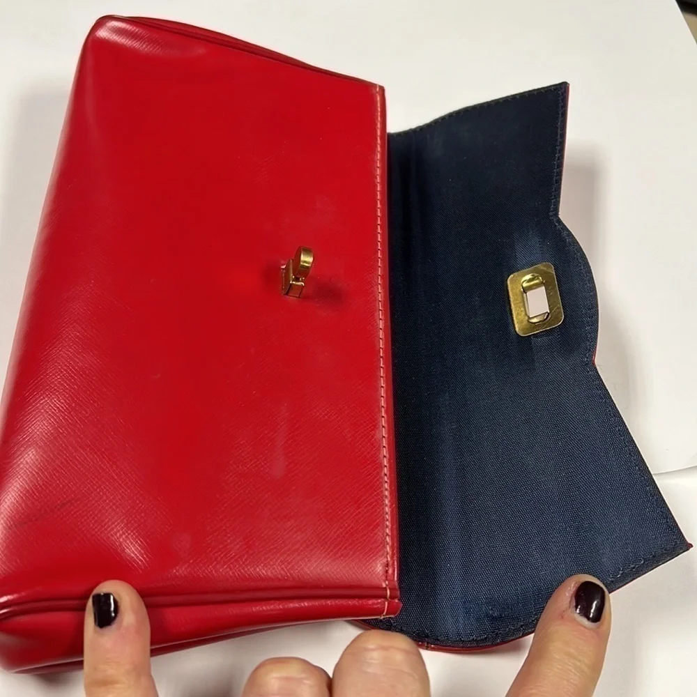 Vintage Red Leather Turnlock Clutch Bag